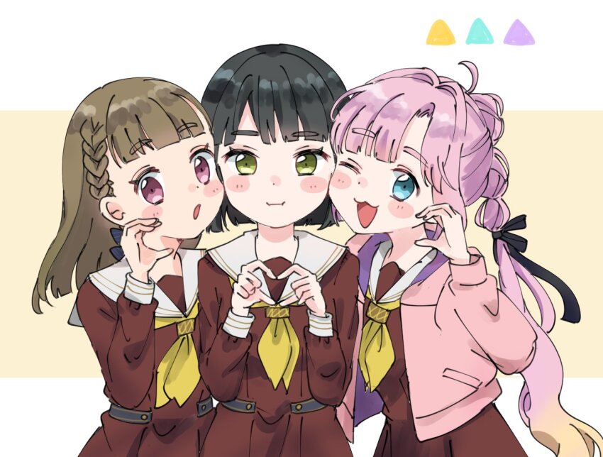 3girls :i :o ;3 ;d ahoge anyoji_hime black_bow black_hair black_ribbon blonde_hair blue_eyes blunt_bangs blush bow braid brown_dress center-flap_bangs cheek-to-cheek cheek_press commentary cowboy_shot dress gradient_hair green_eyes hair_bow hair_intakes hair_ribbon half-heart_hands hasu_no_sora_school_uniform heads_together heart heart_hands hood hooded_jacket jacket kachimachi_kosuzu letterboxed link!_like!_love_live! long_hair long_sleeves looking_at_viewer love_live! momose_ginko moso_(expect66) multi-tied_hair multicolored_hair multiple_girls neckerchief one_eye_closed open_clothes open_jacket open_mouth outside_border pink_eyes pink_hair pink_jacket pleated_dress ponytail ribbon sailor_collar sailor_dress school_uniform short_hair side_braids sidelocks simple_background smile swept_bangs symbol-only_commentary triangle very_long_hair virtual_youtuber white_sailor_collar winter_uniform yellow_background yellow_neckerchief