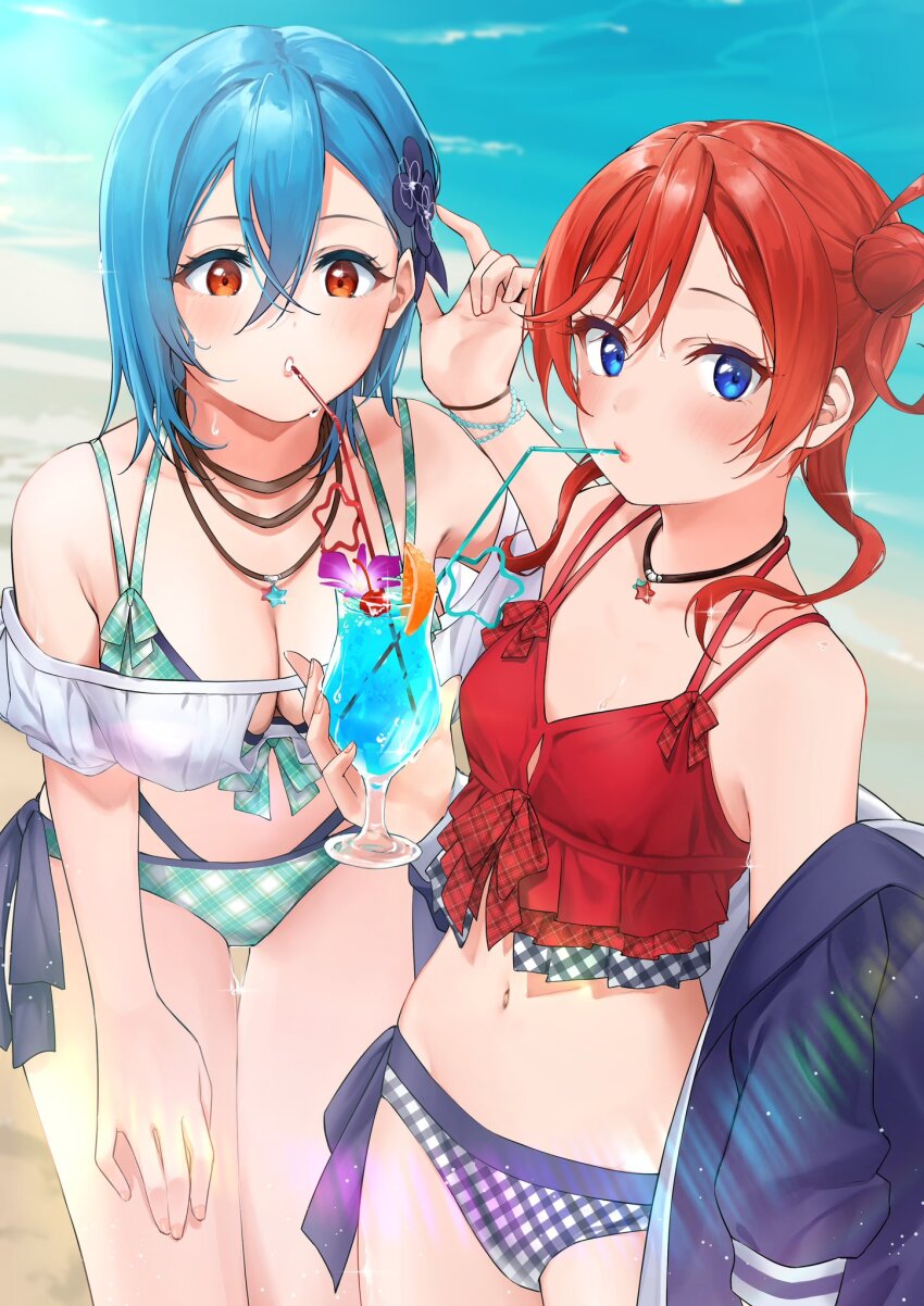 2girls arm_out_of_sleeve bare_shoulders beach bikini black_bikini black_jacket blue_eyes blue_hair breasts cleavage cleavage_cutout clothing_cutout commentary_request cowboy_shot crazy_straw crossed_bangs cup drink drinking drinking_straw drinking_straw_in_mouth frilled_bikini frills gingham_bikini green_bikini hair_between_eyes hair_bun hand_on_own_thigh highres holding holding_cup holding_drink jacket jewelry large_breasts leaning_forward love_live! love_live!_days:_love_live!_general_magazine love_live!_superstar!! mismatched_bikini multiple_girls navel necklace official_alternate_costume orange_eyes outdoors parted_lips red_bikini red_hair sharing_food shinyoujurin short_hair short_hair_with_long_locks single_side_bun small_breasts star_(symbol) star_necklace stomach swimsuit wakana_shiki yoneme_mei