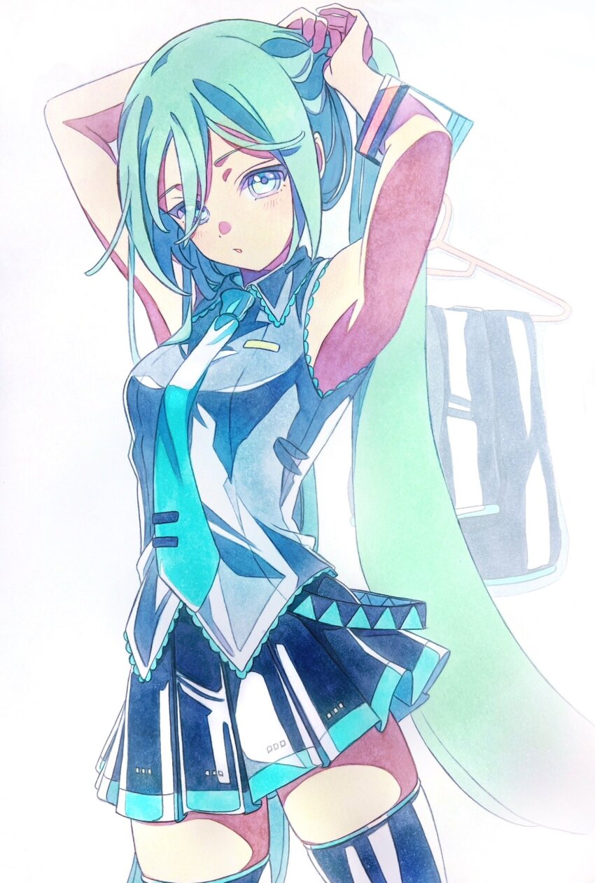 1girl adjusting_hair aqua_hair aqua_necktie armpits arms_up bare_shoulders black_boots black_skirt blue_eyes boots breasts cel_shading chestnut_mouth clothes_hanger collared_shirt colored_pencil_(medium) commentary grey_shirt hair_down hair_ornament hairdressing hands_on_own_head hatsune_miku head_tilt highres light_blush long_hair looking_at_viewer medium_breasts miku_day narrow_waist necktie parted_lips pato_(ptro) pleated_skirt ringed_eyes shirt skindentation skirt sleeveless sleeveless_shirt solo thigh_boots thighhighs tie_clip traditional_media unworn_hair_ornament unworn_sleeves very_long_hair vocaloid zettai_ryouiki