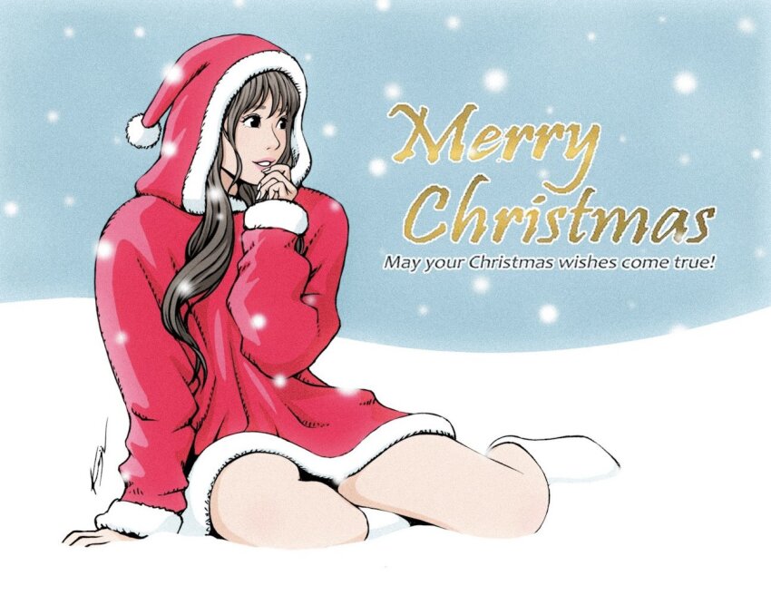 1girl black_eyes boots brown_hair christmas fur-trimmed_hood fur-trimmed_hoodie fur_trim hand_on_own_chin hood hood_up hoodie kondo_koji_(automotive_artist) merry_christmas original pink_lips pom_pom_(clothes) red_hoodie sitting snow snowing solo white_boots
