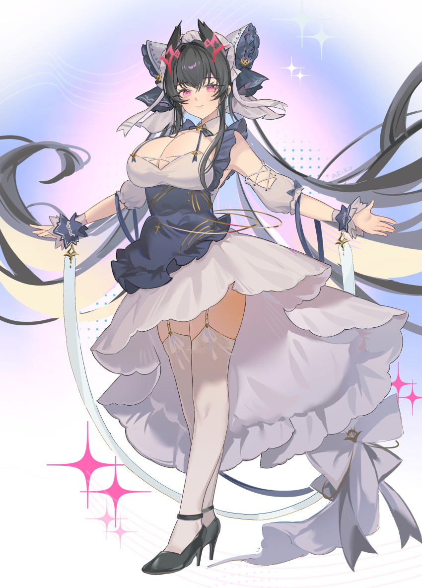 1girl absurdres apron ariko_(aaaaarik) azur_lane bare_shoulders black_apron black_hair blush breasts cheshire_(azur_lane) cheshire_(azur_lane)_(cosplay) cleavage closed_mouth colored_inner_hair commentary commission cosplay dress english_commentary frilled_apron frills full_body garter_straps gradient_background high_heels highres large_breasts long_hair looking_at_viewer maid_apron multicolored_hair outstretched_arms pink_eyes pixiv_commission revision smile solo spread_arms standing strasbourg_(azur_lane) thighhighs very_long_hair white_dress white_garter_straps white_thighhighs wrist_wrap