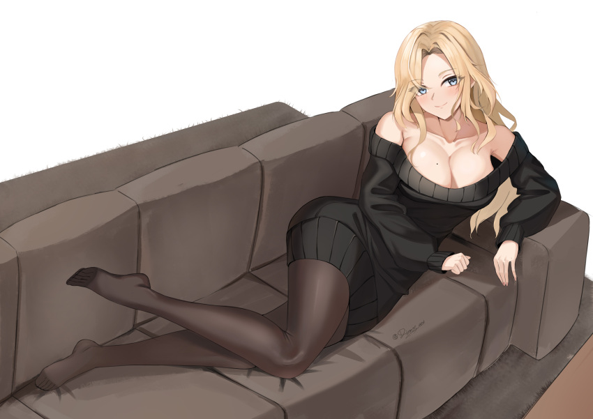 1girl absurdres alternate_costume black_pantyhose black_sweater blonde_hair breasts couch dimos_(dawn_1945) dress highres hornet_(kancolle) kantai_collection large_breasts long_hair long_sleeves looking_at_viewer off_shoulder on_couch pantyhose smile sweater sweater_dress