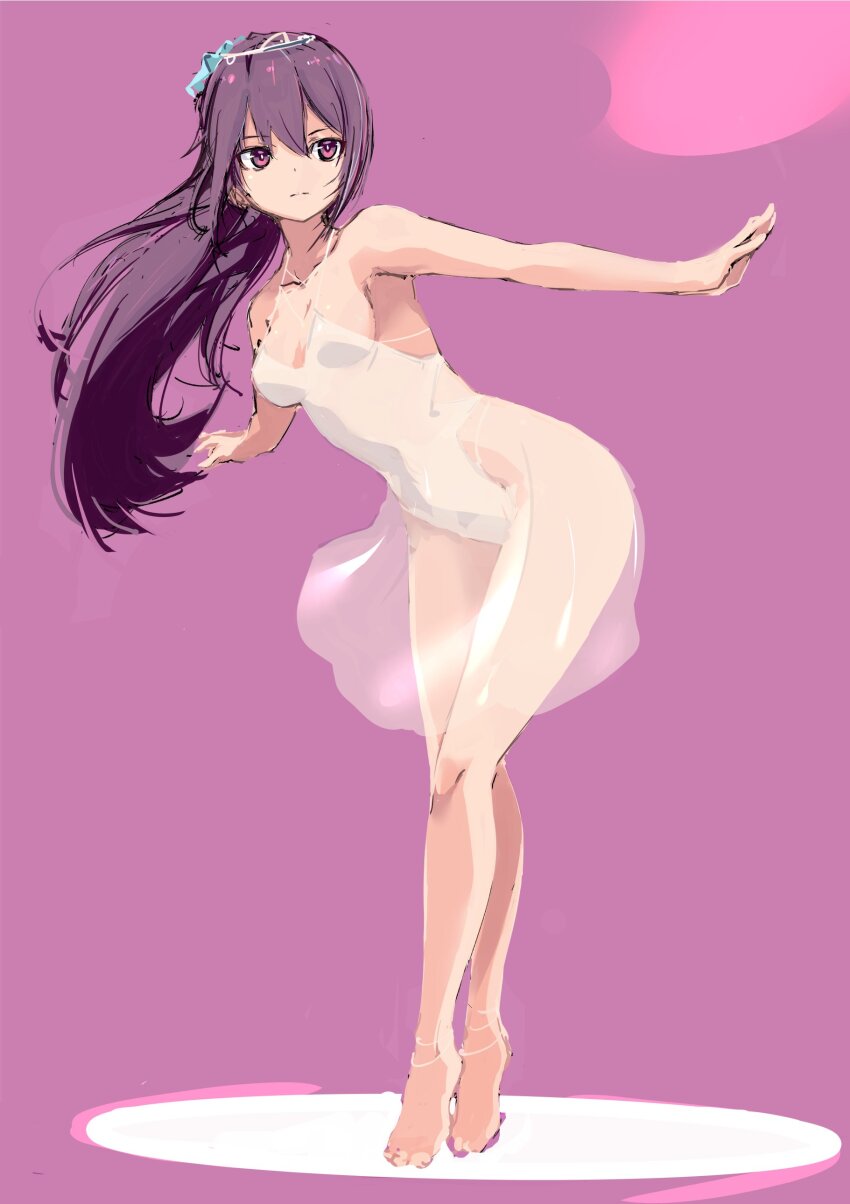 1girl absurdres alice_gear_aegis athletic_leotard blue_scrunchie dress highres leotard nikotama_mai ponytail purple_eyes purple_hair revealing_clothes scrunchie see-through_clothes see-through_dress solo white_leotard yoto_(rinlin2)