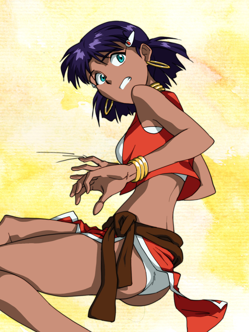 1girl arm_support ass bandeau bare_back bare_shoulders belt bob_cut bracelet breasts brown_belt brown_sash canvas_texture clenched_teeth cropped_vest dark-skinned_female dark_skin earrings from_above fushigi_no_umi_no_nadia gold_bracelet gold_earrings green_eyes hair_ornament hairclip highres hoop_earrings jewelry langerhans_2016 looking_at_viewer lying medium_breasts nadia_la_arwall neck_ring non-web_source on_side open_clothes open_vest panties pantyshot pelvic_curtain reaching reaching_towards_viewer red_vest scared short_hair sitting sleeveless solo teeth underwear vest wedgie white_bandeau white_panties yellow_background yokozuwari