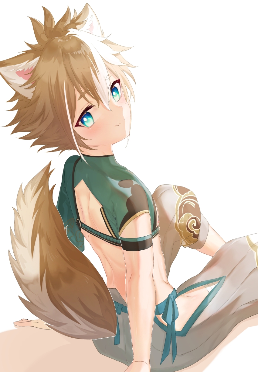 1boy animal_ears aqua_eyes back blush brown_hair brown_tail closed_mouth crop_top dog_boy dog_ears dog_tail genshin_impact gorou_(genshin_impact) grey_pants hair_between_eyes highres looking_at_viewer male_focus multicolored_hair multicolored_tail narshiyu pants short_hair smile solo streaked_hair tail white_background white_hair white_tail