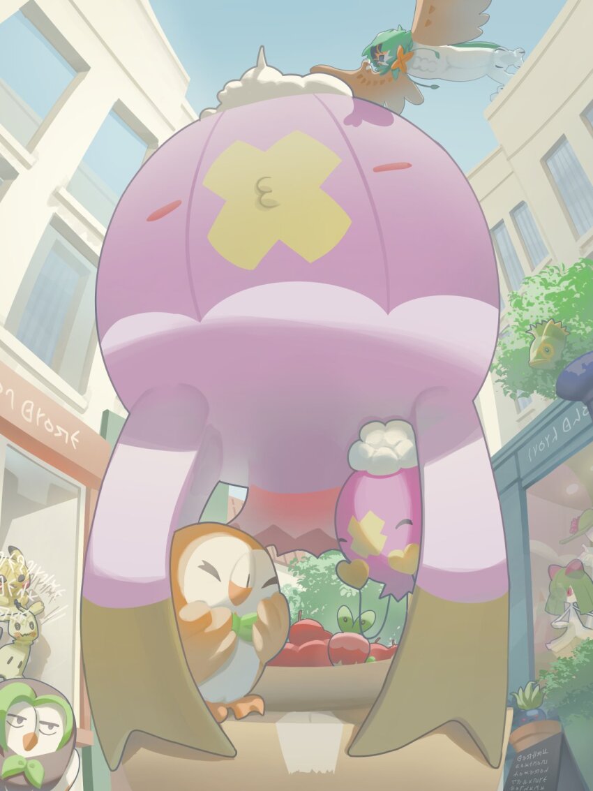 applin basket building closed_eyes commentary_request dartrix day decidueye drifblim drifloon gen_3_pokemon gen_4_pokemon gen_7_pokemon gen_8_pokemon hiding highres kirlia mimikyu mokukitusui nintendo no_humans o3o outdoors pokemon pokemon_(creature) rowlet sky window