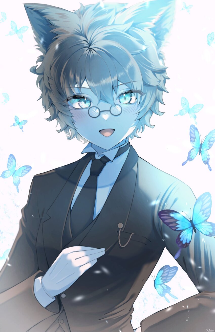 1girl androgynous animal_ears aqua_eyes arm_behind_back black_hair black_jacket black_necktie blue_butterfly blue_skin bug butterfly colored_skin commentary_request dragon_quest dragon_quest_x fake_animal_ears flat_chest formal_clothes glasses hand_on_own_chest highres insect jacket looking_at_viewer necktie nikon_(user_aznh7528) open_mouth pince-nez shirt short_hair solo upper_body weddie_(dq10) white_background white_shirt wig wolf_ears