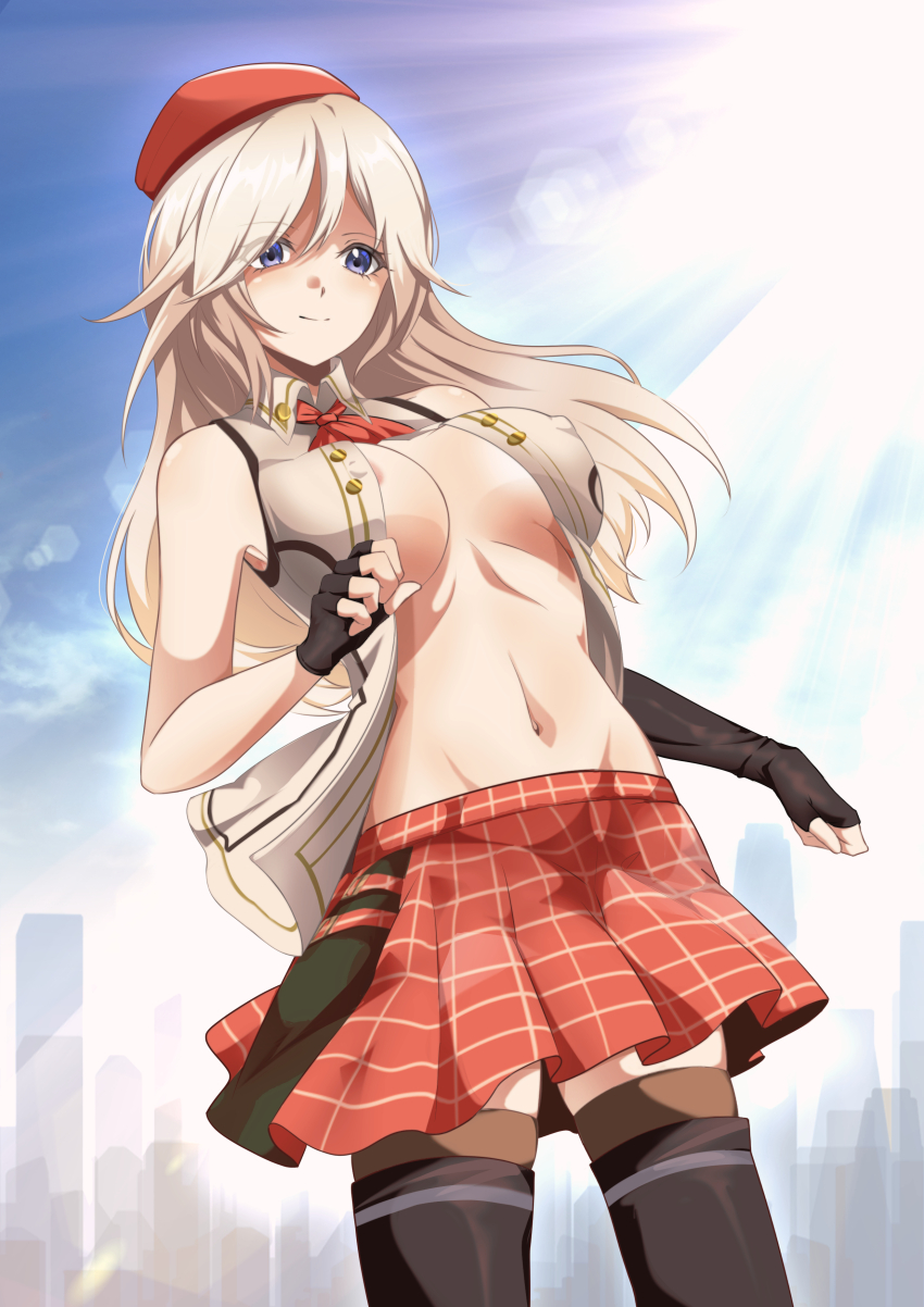1girl absurdres alisa_ilinichina_amiella areola_slip ascot asymmetrical_gloves bare_shoulders beret black_gloves black_thighhighs blonde_hair breasts closed_mouth collared_shirt commentary covered_erect_nipples cowboy_shot fingerless_gloves gloves god_eater hat highres large_breasts light_rays long_hair lyrin_(haireirei) mismatched_gloves navel no_bra open_clothes open_shirt plaid_clothes plaid_skirt pleated_skirt purple_eyes red_ascot red_hat red_skirt shirt skirt sleeveless sleeveless_shirt smile solo stomach sun thighhighs white_shirt