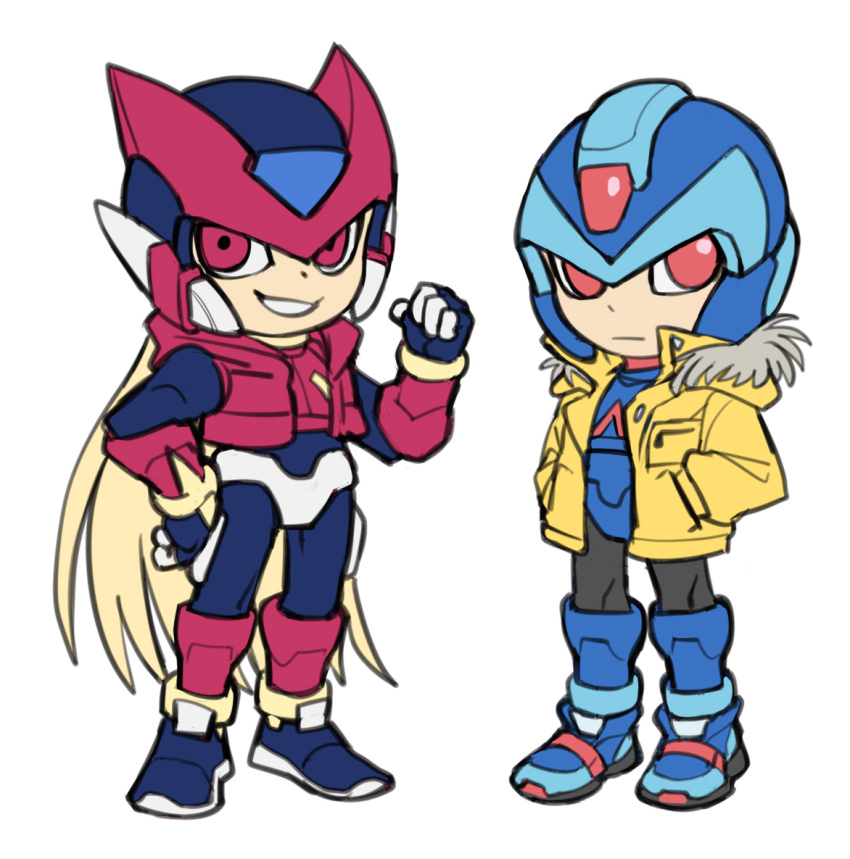 2boys alternate_costume armor bi_51334 blonde_hair blue_armor blue_helmet chibi copy_x_(mega_man) forehead_jewel hands_in_pockets helmet jacket long_hair male_focus mega_man_(series) mega_man_zero_(series) mega_man_zero_1 mega_man_zero_3 multiple_boys omega_(mega_man) open_clothes open_jacket red_armor red_eyes red_helmet red_jacket simple_background white_background yellow_jacket