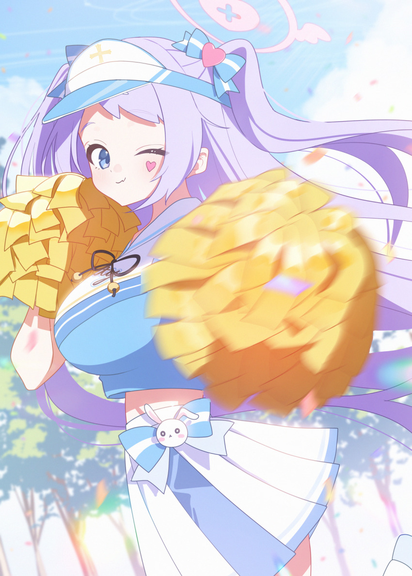 1girl blue_archive blue_eyes blue_sky breasts cheerleader halo hanae_(blue_archive) hanae_(cheer_squad)_(blue_archive) highres kaerunrun large_breasts looking_at_viewer one_eye_closed pom_pom_(cheerleading) purple_hair skirt sky solo twintails