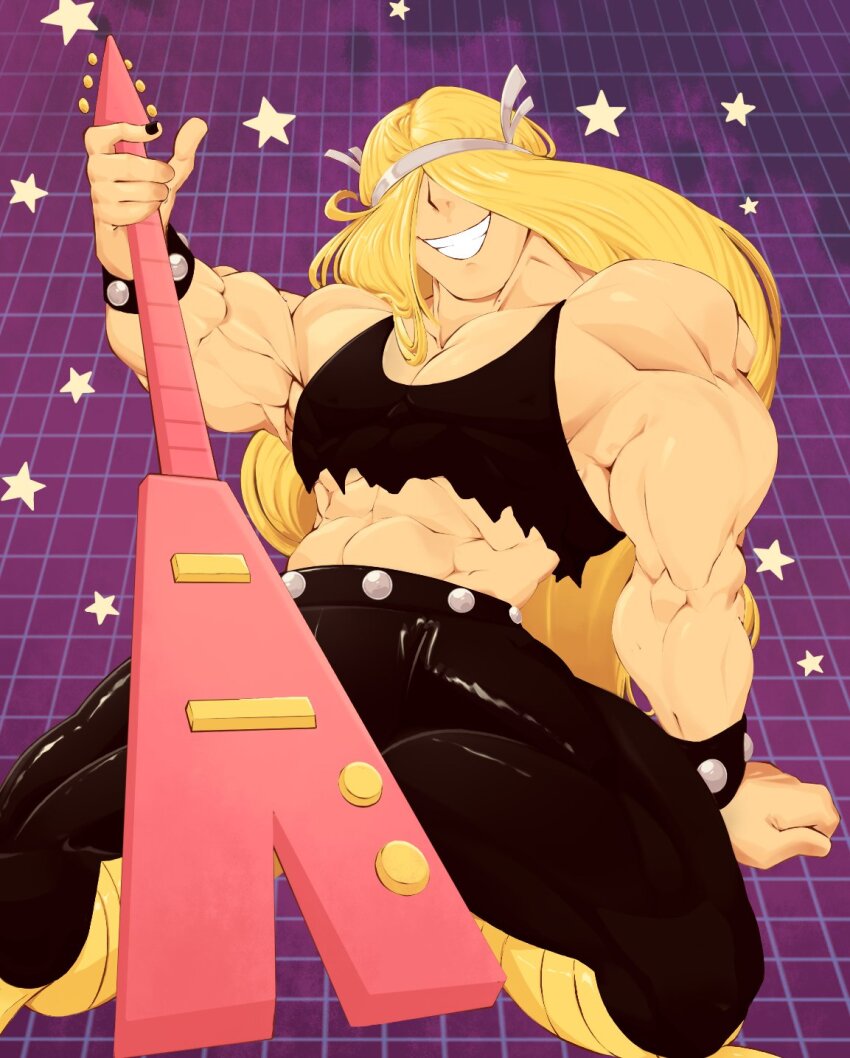 1boy abs bara black_nails black_pants blonde_hair bracelet circlet commentary crop_top dexter&#039;s_laboratory english_commentary grin hair_over_eyes highres holding holding_instrument instrument jewelry leather leather_pants long_hair male_focus min_miniatic muscular muscular_male nail_polish pants pectoral_cleavage pectorals smile solo valhallen very_long_hair