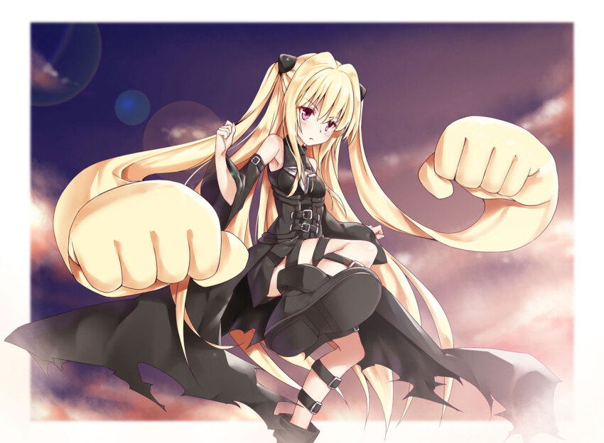 1girl bare_shoulders black_dress black_shoes black_sleeves blonde_hair breasts clothing_cutout commentary_request detached_sleeves dress foot_out_of_frame hair_between_eyes hair_ornament konjiki_no_yami leg_belt long_hair looking_at_viewer prehensile_hair red_eyes shoes sky solo star_cutout thigh_strap to_love-ru to_love-ru_darkness ttnap two_side_up