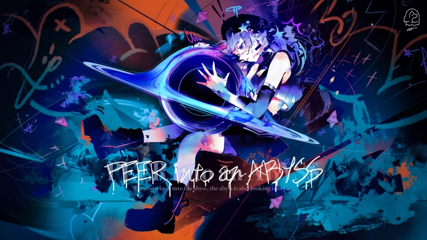 1girl absurdres artist_logo black_hole blue_halo commentary english_text graffiti halo highres logo long_hair mikake3x original parted_lips signature solo