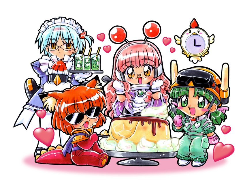 4girls absurdres ai_(g-on_riders) alien animal_ear_fluff animal_ears apron ascot black_pantyhose black_shoes blue_hair brooch cake_stand cat_ears cat_girl chibi chibi_only cloak clock closed_mouth commentary cube_hair_ornament cup dinosaur_costume dinosaur_tail dress drink drinking_glass drinking_straw eating fake_antennae fangs food food_on_face frilled_dress frills g-on_riders glasses gloves goggles goggles_on_headwear green_eyes green_hair green_jumpsuit hair_ornament hand_up hands_up happy hard_hat headphones heart helmet highball_glass highres holding holding_spoon holding_tray ice ice_cube icing jetpack jewelry juliet_sleeves jumpsuit kokomahi long_hair long_sleeves low_twintails maid maid_apron maid_headdress mako_(g-on_riders) medium_hair mini_eyewear multiple_girls open_mouth orange_hair oversized_food oversized_object pantyhose pao_(g-on_riders) pink_gloves pink_hair plate pudding puffy_sleeves purple_cloak red_ascot round_eyewear shoes short_hair short_twintails sitting smile spoon standing sunglasses tail tray twintails very_long_hair wall_clock white_apron white_gloves white_pantyhose yellow_eyes zero_(g-on_riders)