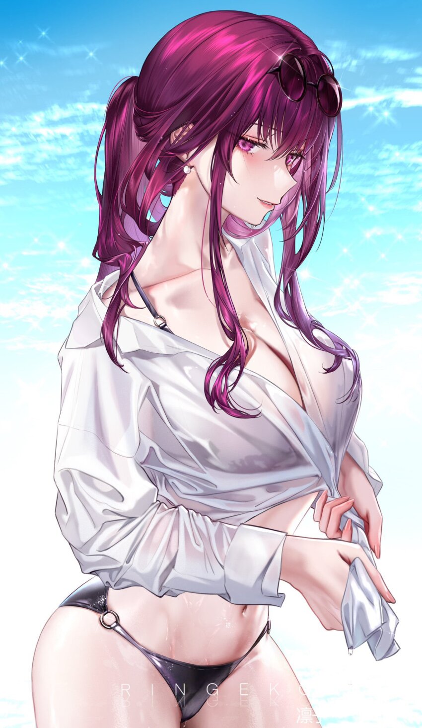 1girl artist_name bare_legs bikini black_bikini blue_sky breasts cleavage cloud collarbone commentary cowboy_shot earrings english_commentary eyewear_on_head fingernails hair_between_eyes highres honkai:_star_rail honkai_(series) jewelry kafka_(honkai:_star_rail) large_breasts light_blush light_particles long_hair long_sleeves looking_at_viewer navel outdoors paid_reward_available parted_lips pink_lips ponytail purple-tinted_eyewear purple_eyes purple_hair ringeko-chan round_eyewear shirt sidelocks sky smile solo sparkle standing stomach sunglasses swimsuit thighs tinted_eyewear water water_drop wet wet_clothes wet_face wet_hair wet_shirt wet_swimsuit white_shirt