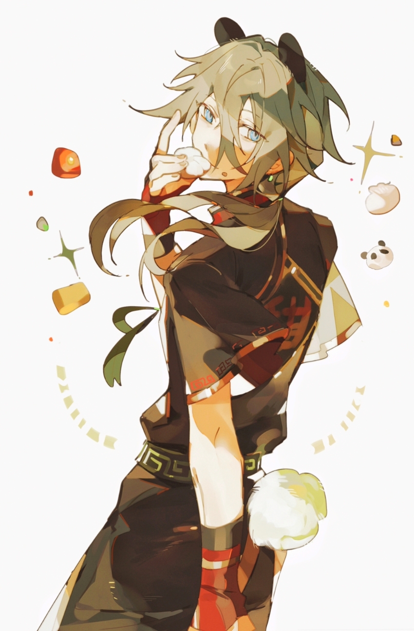 1boy absurdres animal_ears belt black_belt blue_eyes closed_mouth cowboy_shot earclip ensemble_stars! food grey_hair hair_between_eyes highres holding holding_food kemonomimi_mode long_bangs long_hair looking_back male_focus panda_boy panda_ears panda_tail red_trim shiina_niki short_sleeves solo tie_fei_wu_mang_dashuai white_background