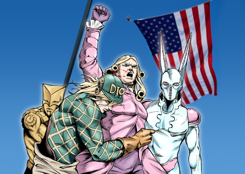 2024_attempted_assassination_of_donald_trump 2boys absurdres american_flag aqua_hat argyle_clothes argyle_sweater arm_up blonde_hair blood blood_on_ears blood_on_face blue_eyes blue_sky brown_gloves clenched_hand curly_hair day diego_brando dirty_deeds_done_dirt_cheap donald_trump funny_valentine gloves hat helm helmet highres injury jacket jockey jojo_no_kimyou_na_bouken long_hair lsf_(805661342) male_focus meme multiple_boys outdoors pants photo-referenced pink_jacket purple_pants sky stand_(jojo) steel_ball_run sweater the_world