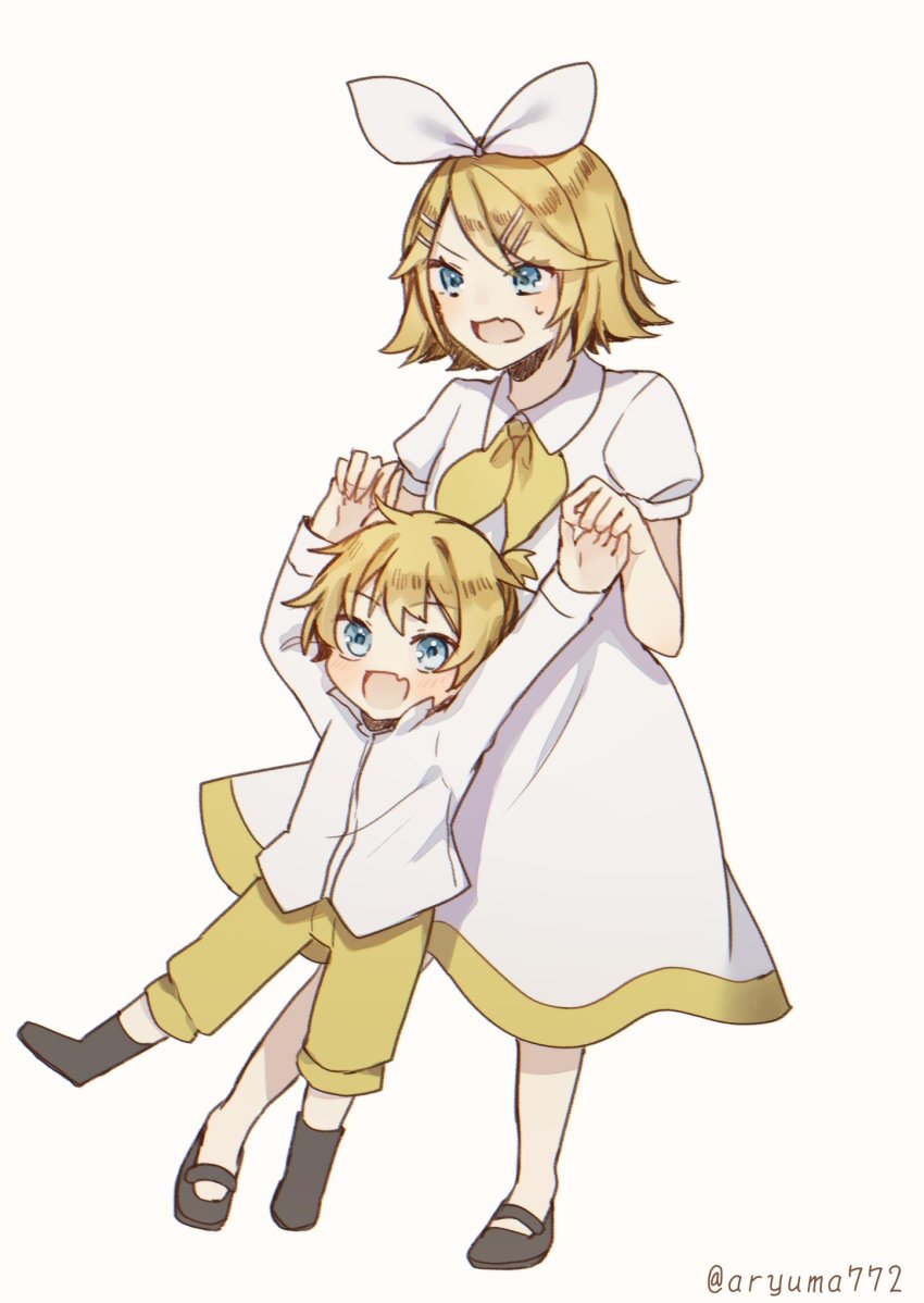 aged_down annoyed aryuma772 ascot black_footwear blonde_hair blue_eyes blush bow brother_and_sister carrying child child_carry dress evillious_nendaiki fang gretel_(evillious_nendaiki) hair_ornament hairclip hansel_(evillious_nendaiki) highres holding_hands kagamine_len kagamine_rin lifting_person mary_janes neckerchief open_mouth pants shirt shoes siblings skin_fang sweatdrop twins vocaloid white_bow white_dress white_shirt yellow_ascot yellow_neckerchief yellow_pants