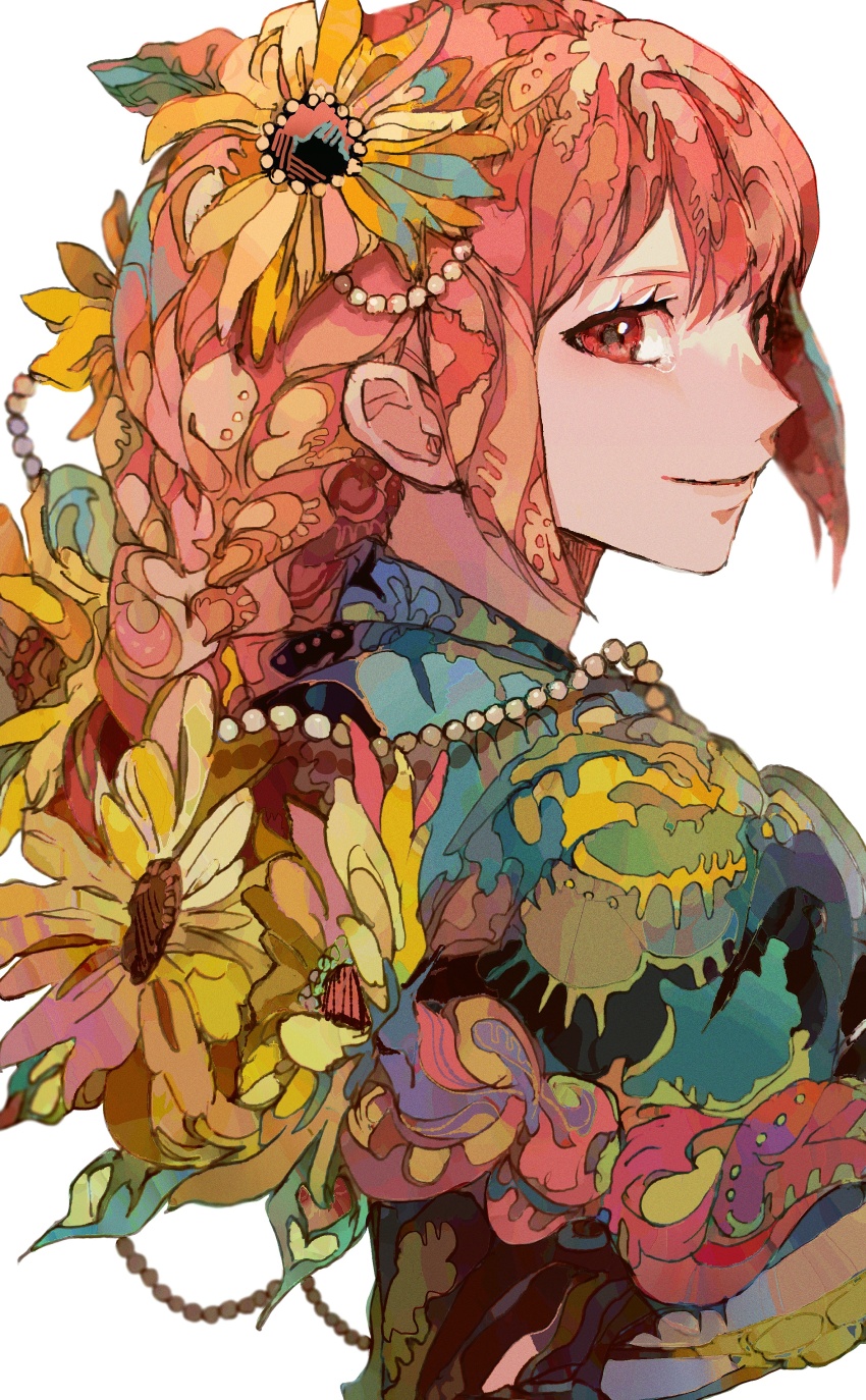 1girl absurdres braid braided_ponytail cape closed_mouth flower green_cape hair_flower hair_ornament highres looking_back one_piece pink_eyes pink_hair rebecca_(one_piece) sidelocks simple_background smile solo sunflower tears white_background yadu_nadu