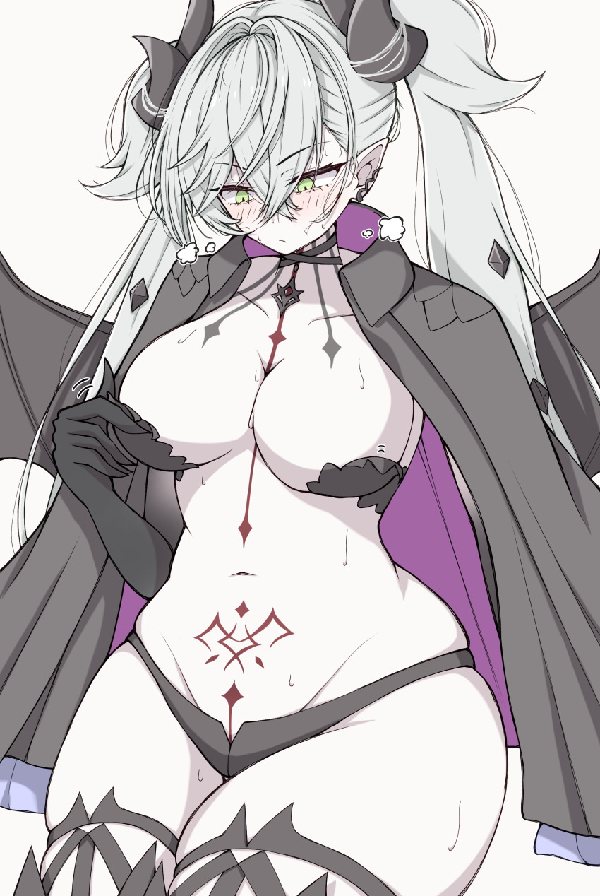 1girl absurdres azuki_(ne_4zk) black_cloak black_hands black_panties black_thighhighs blush body_markings breasts choker cleavage cloak colored_extremities crossed_bangs demon_girl demon_horns demon_wings ear_piercing fate/grand_order fate_(series) green_eyes grey_hair hair_between_eyes highres horns large_breasts lilith_(fate) lilith_(second_ascension)_(fate) long_hair looking_down navel panties piercing pointy_ears solo stomach_tattoo tattoo thick_thighs thighhighs thighs twintails underwear very_long_hair wide_hips wings