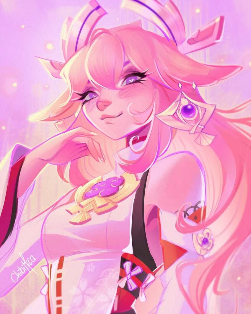 1girl animal_ears bare_shoulders black_sash bright_pupils chibimica closed_mouth commentary detached_sleeves earrings english_commentary eyelashes gem genshin_impact gold_earrings hair_between_eyes hand_up happy heart heart-shaped_pupils highres japanese_clothes jewelry light_blush light_particles lips long_hair long_sleeves nail_polish obi pink_hair pink_lips pink_theme purple_background purple_eyes purple_gemstone ribbon_trim sash shirt signature single_earring sleeveless sleeveless_shirt smile solo symbol-shaped_pupils tabard turtleneck turtleneck_shirt upper_body very_long_hair vision_(genshin_impact) white_nails white_pupils white_shirt white_sleeves white_tabard wide_sleeves yae_miko