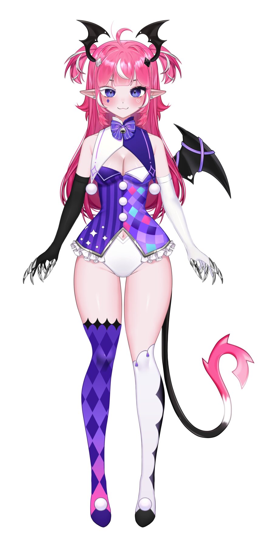1girl :3 absurdres ahoge argyle asymmetrical_gloves asymmetrical_legwear bare_shoulders bell black_choker blunt_bangs blush bodice bow bowtie breasts camila_(vtuber) choker closed_mouth clothing_cutout colored_eyelashes demon_girl demon_tail diamond-shaped_pupils diamond_(shape) diamond_facial_mark ear_piercing facial_mark fang frills full_body gloves hair_ornament head_wings heart heart_facial_mark highres imp indie_virtual_youtuber legs long_glove long_hair looking_at_viewer mismatched_gloves mismatched_legwear multicolored_hair navel navel_cutout navel_peek one_wing piercing pink_hair pink_tail pointy_ears pom_pom_(clothes) purple_bow purple_bowtie purple_eyes purple_ribbon purple_thighhighs ribbon sidelocks skin_fang small_breasts solo streaked_hair symbol-shaped_pupils tail thigh_gap thighhighs thighs two_side_up virtual_youtuber white_background white_hair white_streaks white_thighhighs wings