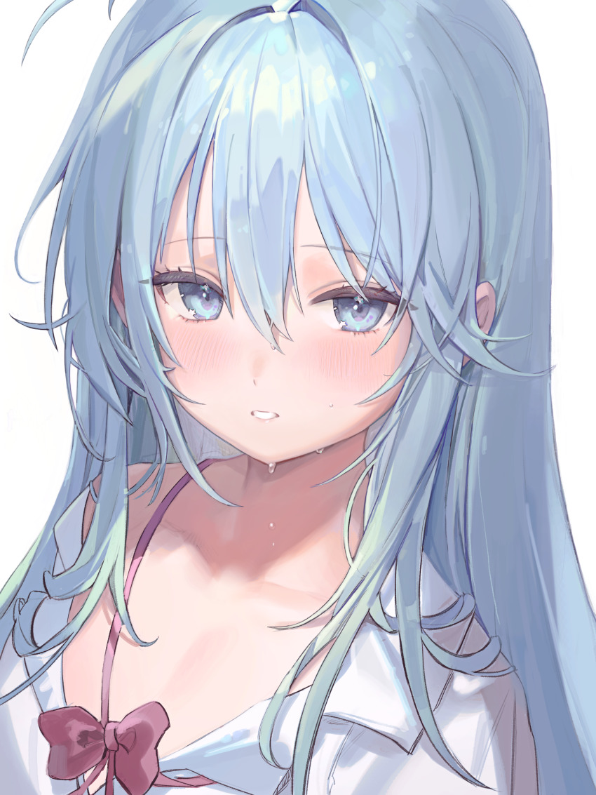 1girl absurdres ahoge bare_shoulders blue_eyes blue_hair blush bow collarbone denpa_onna_to_seishun_otoko dress expressionless freng hair_between_eyes hair_intakes highres long_hair off-shoulder_dress off_shoulder parted_lips red_bow simple_background solo sweat teeth touwa_erio upper_body white_background