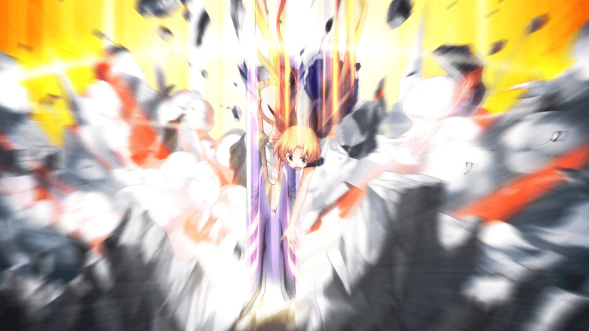 1girl attack black_bow black_ribbon black_shoes blonde_hair bow chaos;head chaos;head_love_chu_chu! collared_shirt crash crushing d-sword debris falling floating_hair game_cg glowing glowing_sword glowing_weapon hair_bow hair_ribbon holding holding_sword holding_weapon huge_weapon loafers long_hair matsuo_yukihiro miniskirt motion_blur motion_lines multiple_hair_bows official_art open_mouth orange_theme orihara_kozue plaid_clothes plaid_skirt plaid_sleeves plaid_trim purple_skirt purple_sleeves ribbon rubble school_uniform shirt shoes short_sleeves skirt smoke solo suimei_school_uniform suimei_summer_uniform sword thighhighs tongue twintails v-shaped_eyebrows weapon white_petticoat white_shirt white_thighhighs yellow_eyes