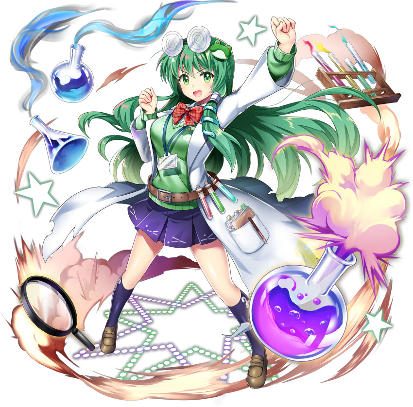 1girl :d alternate_costume animal_print arm_up belt bow bowtie breasts brown_belt brown_shoes clenched_hands coat erlenmeyer_flask eyewear_on_head flask frog_hair_ornament frog_print full_body game_cg green_eyes green_hair green_sweater hair_ornament hair_tubes highres id_card kneehighs kochiya_sanae kochiya_sanae_(naive_science_club_student) lab_coat lanyard large_breasts loafers long_hair long_sleeves looking_at_viewer magnifying_glass miniskirt notebook official_art open_clothes open_coat open_mouth plaid_bow plaid_bowtie plaid_clothes pleated_skirt pocket print_socks print_sweater purple_skirt purple_socks red_bow red_bowtie rotte_(1109) round-bottom_flask round_eyewear school_uniform shoes single_hair_tube skirt smile smoke snake_hair_ornament snake_print socks solo star_(symbol) sweater test_tube test_tube_rack third-party_source touhou touhou_lostword transparent_background v-shaped_eyebrows very_long_hair white_coat