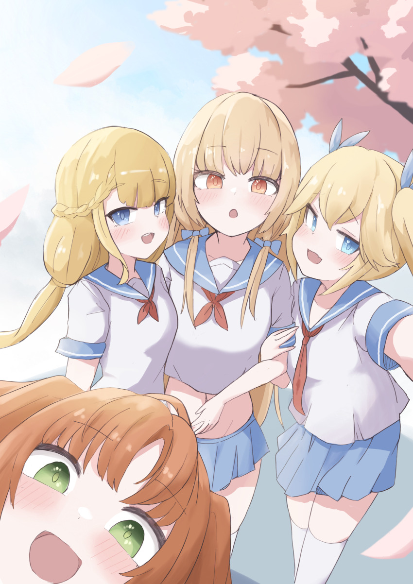 4girls :d :o absurdres ag-2c_sirene arm_at_side arm_hug arm_up blonde_hair blue_bow blue_eyes blue_sailor_collar blue_skirt blush bow braid breasts brown_eyes brown_hair cherry_blossoms crop_top day falling_petals fang feet_out_of_frame green_eyes hair_between_eyes hair_bow hand_up highres jitome last_origin long_hair looking_at_viewer looking_to_the_side low_twintails midriff miniskirt multiple_girls navel neckerchief nereid_(last_origin) open_mouth outdoors parted_bangs petals photobomb pleated_skirt qz red_neckerchief sailor_collar school_uniform selfie serafuku shirt short_sleeves sidelocks sideways_glance sirene_(last_origin) skin_fang skirt small_breasts smile standing straight_hair teeth thetis_(last_origin) thighhighs tree twintails undine_(last_origin) upper_teeth_only white_shirt white_thighhighs zettai_ryouiki