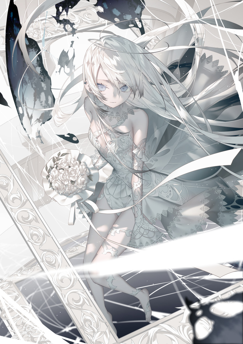 1girl absurdres bare_shoulders barefoot blue_eyes bouquet breasts butterfly_earrings closed_mouth detached_sleeves dress ear_piercing earrings empty_picture_frame flower flower_wrapper full_body hair_between_eyes highres holding holding_bouquet jewelry kotarou_(kot_mochi) light_smile long_hair looking_at_viewer medium_breasts original pale_skin picture_frame piercing sleeveless sleeveless_dress solo swept_bangs very_long_hair white_dress white_flower white_hair white_sleeves