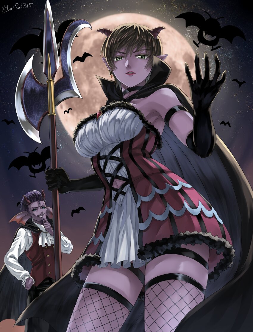 1boy 1girl 888666 absurdres arm_strap ascot axe bat_(animal) beltro_(dq10) black_cape black_choker black_gloves black_pants black_sclera blonde_hair blue_eyes breasts cape choker clothing_cutout colored_eyelashes colored_sclera colored_skin commentary_request cowboy_shot demon_girl dracky dragon_quest dragon_quest_x dress earrings elbow_gloves fins fishnet_thighhighs fishnets from_below full_moon gem gloves green_eyes grin hair_slicked_back halloween halloween_costume hand_on_own_chin head_fins highres holding holding_axe holding_polearm holding_weapon horns jewelry large_breasts looking_at_another looking_at_viewer looking_down moon navel_cutout night night_sky pants parted_lips pink_gemstone pink_lips pointy_ears polearm purple_hair purple_skin red_horns red_vest shirt short_hair sky smile strapless strapless_dress thigh_strap thighhighs twitter_username valeria_(dragon_quest) vest weapon white_ascot white_shirt