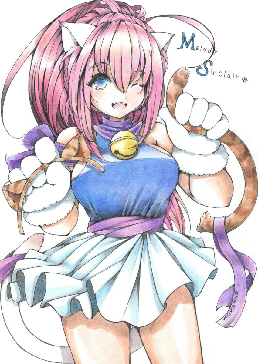1girl animal_ears animal_hands bare_shoulders bell blue_eyes blush breasts cat_ears cat_girl cat_tail character_name cowboy_shot fake_animal_ears fake_tail gloves hair_between_eyes high_ponytail highres holding long_hair looking_at_viewer melody_sinclair miniskirt nekomugichan one_eye_closed open_mouth paw_gloves pink_hair pleated_skirt ponytail ribbon simple_background skirt sleeveless smile solo standing tail tail_ornament tail_ribbon tented_shirt thighs tooth white_background white_skirt wide_ponytail yuukyuu_gensoukyoku