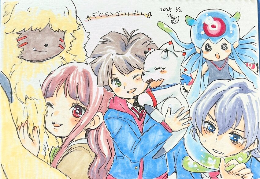 1girl 2boys amanokawa_hiro angoramon digimon digimon_(creature) digimon_ghost_game dinosaur gammamon higashimitarai_kiyoshiro highres jellymon komoriharuori long_hair multiple_boys rabbit short_hair tentacles triceratops tsukiyono_ruli