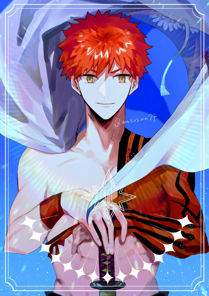 1boy absurdres artist_name cape emiya_shirou fate/grand_order fate_(series) highres holding katana male_focus red_hair senji_muramasa_(fate) signature single_bare_shoulder smile spiked_hair sword toned toned_male twitter_username unworn_cape weapon white_cape wwsosww74