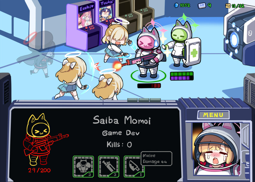5girls 6+girls arcade_cabinet aris_(blue_archive) armor battle_rifle beret black_hair black_hat blonde_hair blue_archive bow closed_eyes crying fake_screenshot green_halo gun h&amp;k_g3 hair_bow half_updo halo hanako_(blue_archive) hanako_(swimsuit)_(blue_archive) hat health_bar hm_(hmongt) holding holding_gun holding_shield holding_weapon justice_task_force_member_(blue_archive) kei_(blue_archive) koharu_(blue_archive) koharu_(swimsuit)_(blue_archive) long_hair long_sleeves marine_(starcraft) medic_(starcraft) meme midori_(blue_archive) momoi_(blue_archive) multiple_girls neru_(blue_archive) parody pink_halo power_armor red_halo rifle school_uniform serafuku shield shikairo_days_dance_(meme) siblings sisters starcraft trinity_student_(blue_archive) twins weapon white_bow white_halo yuuka_(blue_archive) yuzu_(blue_archive)