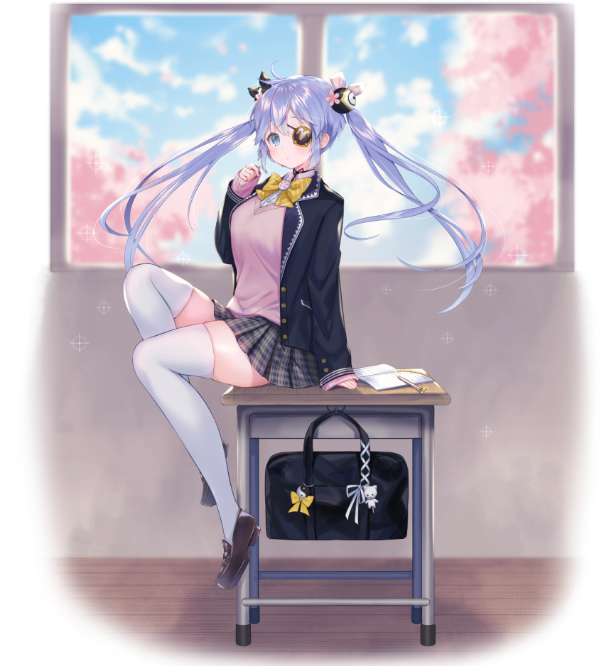alternate_costume animal_charm aqua_eyes aqua_hair aqua_sky artist_request bag black_collar black_jacket black_ribbon black_sleeves book bow bowtie brown_footwear buttons charm_(object) cherry_blossoms choker classroom cloud cloudy_sky coat collar collared_jacket collared_shirt cross-laced_bag danngo_kobayashi desk diagonal-striped_bow diagonal-striped_bowtie diagonal-striped_clothes eraser eyepatch final_gear flame_print floral_print hair_between_eyes hand_on_table highres hook horizontal-striped_sleeves indoors jacket knot light_particles loafers long_hair long_sleeves looking_at_viewer loose_hair_strand mechanical_pencil mismatched_bun_cover multicolored_skirt official_art on_desk one_eye_covered pencil pink_sleeves pink_sweater pinstripe_bowtie pinstripe_pattern plaid_clothes plaid_skirt pleated_skirt pocket ribbon ribbon_choker school school_bag school_desk school_uniform shirt shoes sidelocks sitting skirt sky sleeves_past_wrists sparkle striped_clothes striped_sleeves sweater tachi-e thighhighs third-party_source transparent_background twintails two-tone_bow two-tone_bowtie two-tone_collar vertical-striped_collar very_long_hair white_coat white_ribbon white_thighhighs white_undershirt window wooden_floor yellow_bow yellow_bowtie