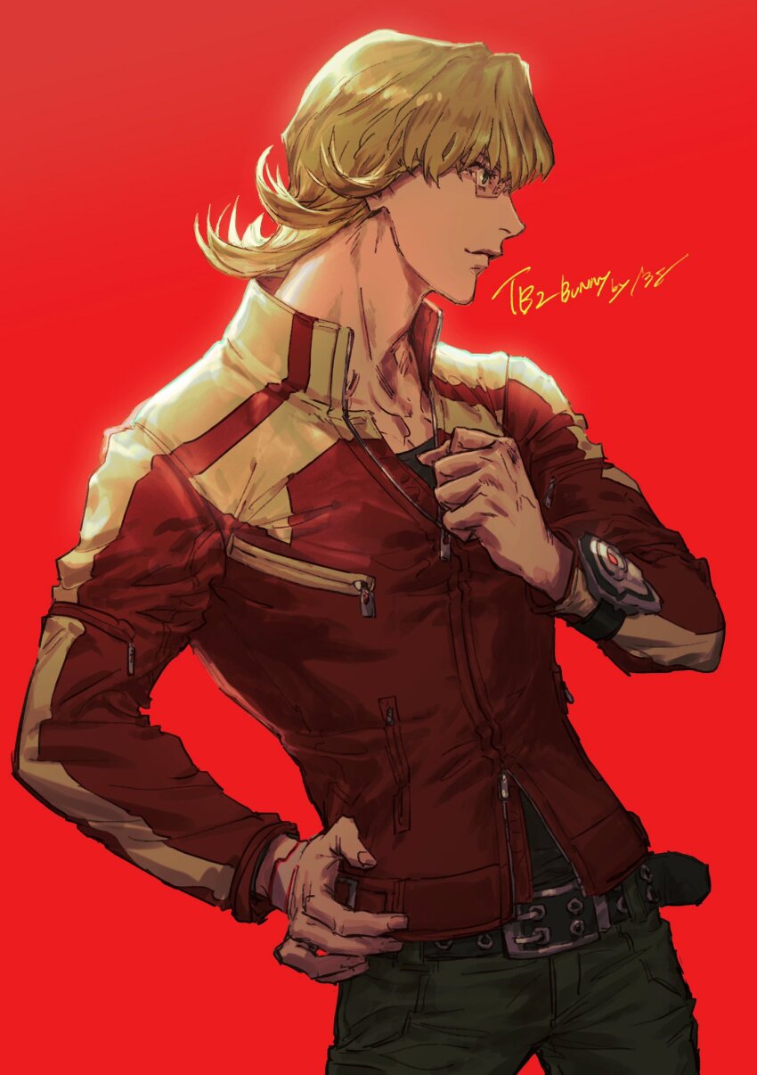 1boy adam&#039;s_apple barnaby_brooks_jr. blonde_hair clenched_hand closed_mouth collarbone copyright_name cowboy_shot glasses hand_on_own_hip highres jacket looking_to_the_side male_focus plytometo red_background red_jacket short_hair simple_background solo tiger_&amp;_bunny