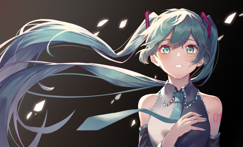 1girl absurdres aqua_hair arl bare_shoulders blush commentary_request dark_background detached_sleeves female_focus green_necktie hair_between_eyes hair_ornament hatsune_miku highres long_hair looking_at_viewer necktie parted_lips simple_background solo twintails very_long_hair vocaloid
