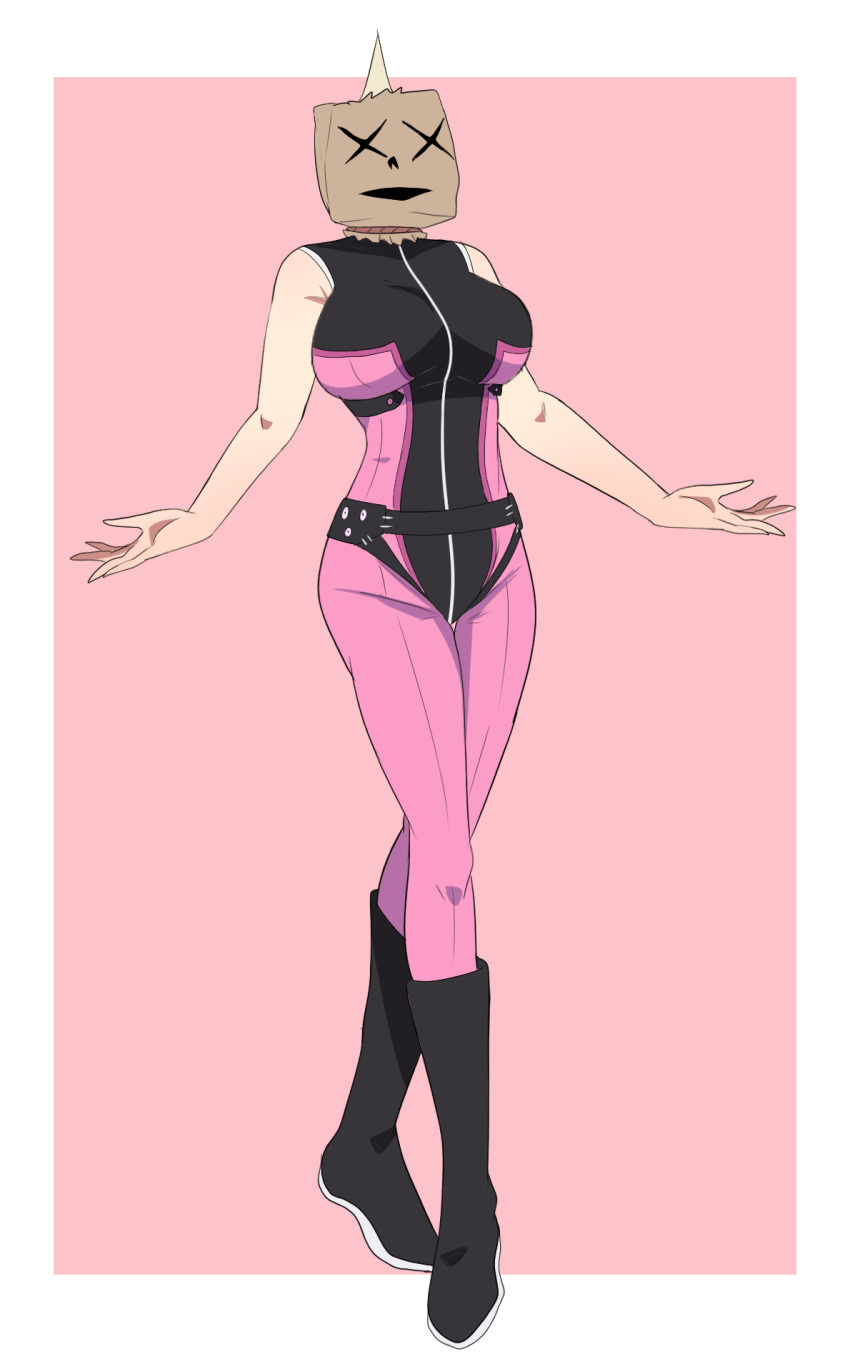 1girl bag_on_head boots border breasts cape doojang gloves highres hwalipon large_breasts pants pink_background pink_keeper pink_pants pink_shirt sakurama_sesera sentai_daishikkaku shirt simple_background sleeveless sleeveless_shirt white_border white_gloves