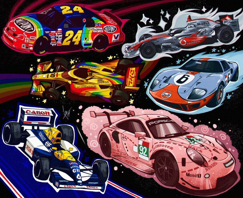 blue_car camel_(cigarettes) canon_(company) car chevrolet chevrolet_monte_carlo dallara_dw12 dhl ford_gt formula_one formula_racer grey_car highres honda indycar_series lgbt_pride mercedes-benz mobil1 motor_vehicle nascar no_humans pink_car porsche porsche_911 porsche_991 race_vehicle racecar rainbow renault schumisnoopy sparkle spoiler_(automobile) sponsor sports_car star_(symbol) vehicle_focus vodafone world_endurance_championship world_sportscar_championship yellow_car