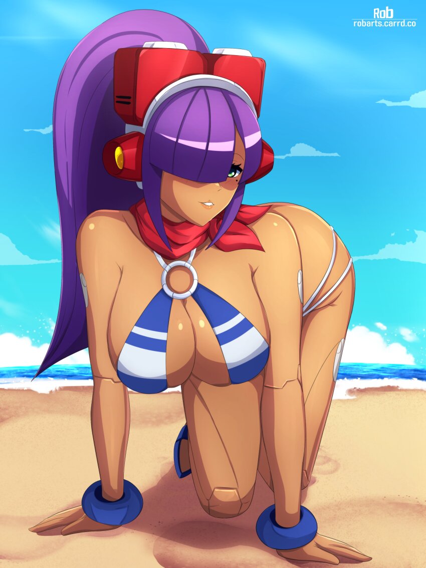 1girl absurdres android arm_support artist_name axasempai bandana beach bikini blunt_bangs bracelet breasts clenched_teeth dark-skinned_female dark_skin green_eyes hair_over_eyes headset high_ponytail highres hime_cut jewelry joints large_breasts layer_(mega_man) long_hair looking_at_viewer mega_man_(series) mega_man_x_(series) mega_man_x_dive mole mole_under_eye navel o-ring o-ring_bikini ocean official_alternate_costume ponytail purple_hair red_bandana robot_ears robot_girl robot_joints sky smile solo striped_bikini striped_clothes swimsuit swimsuit_layer_(mega_man) teeth