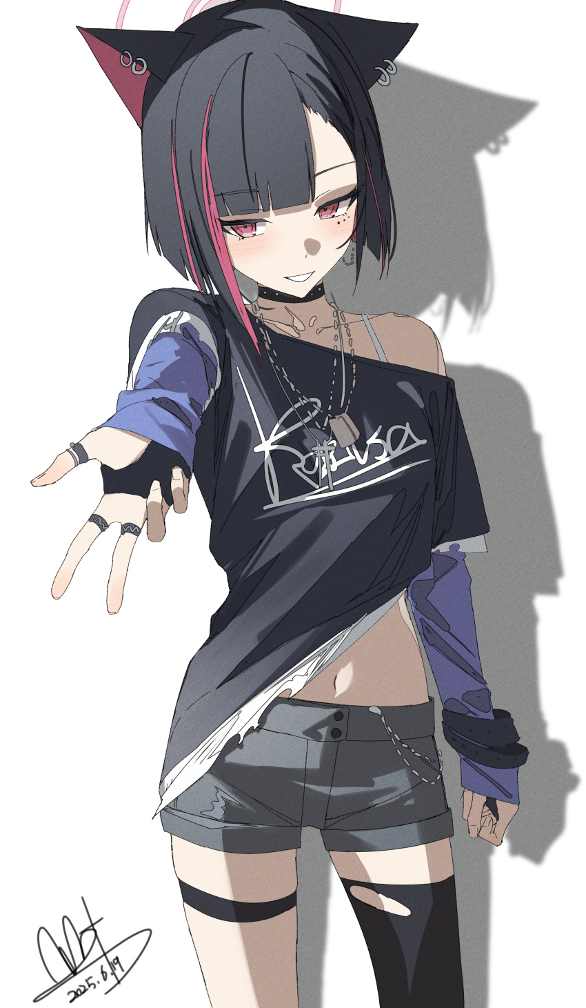 1girl absurdres alternate_costume alternate_hairstyle animal_ears asymmetrical_bangs black_choker black_hair black_shirt black_thighhighs blue_archive blue_shirt blunt_bangs blunt_ends blush cat_ears cat_girl choker colored_inner_animal_ears colored_inner_hair dog_tags ear_piercing fingerless_gloves gloves grey_shorts grin highres jewelry kazusa_(blue_archive) long_sleeves looking_at_viewer multicolored_hair multiple_rings necklace piercing pink_background pink_hair punk qtian ring shirt short_hair short_shorts short_sleeves shorts sidelocks single_bare_shoulder single_off_shoulder single_thighhigh sleeves_past_fingers sleeves_past_wrists smile solo thigh_strap thighhighs torn_clothes torn_thighhighs two-tone_hair w