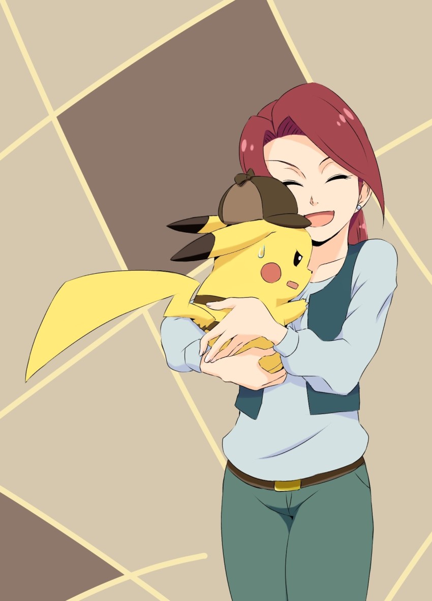 1girl ^_^ asymmetrical_bangs ayo_(ayosanri009) belt brown_background brown_belt brown_hair closed_eyes clothed_pokemon commentary_request deerstalker detective_pikachu_(character) detective_pikachu_(game) detective_pikachu_(series) emilia_christie facing_viewer gen_1_pokemon happy hat highres long_hair nintendo pikachu pokemon pokemon_(creature) standing
