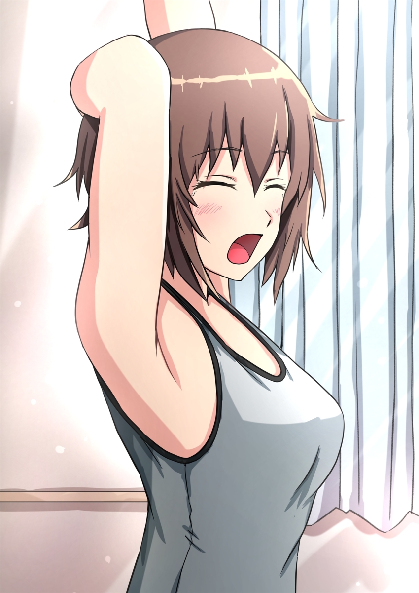 1girl armpits arms_up blush breasts brown_hair closed_eyes girls_und_panzer grey_shirt grey_tank_top highres indoors medium_breasts nishizumi_maho omachi_(slabco) open_mouth shirt short_hair solo stretching tank_top waking_up