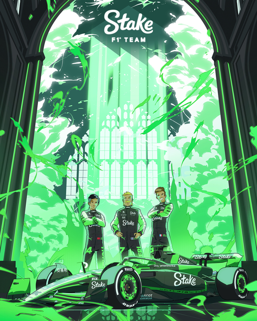 3boys black_hair blonde_hair blue_eyes brown_hair car cathedral facial_hair formula_one formula_racer french_flag green_car hands_on_own_hips highres indoors juan_alcala looking_at_viewer male_focus motor_vehicle multiple_boys mustache official_art parted_lips people&#039;s_republic_of_china_flag race_vehicle racecar real_life sauber sauber_c44 smile spoiler_(automobile) swiss_flag theo_pourchaire valtteri_bottas vehicle_focus zhou_guanyu
