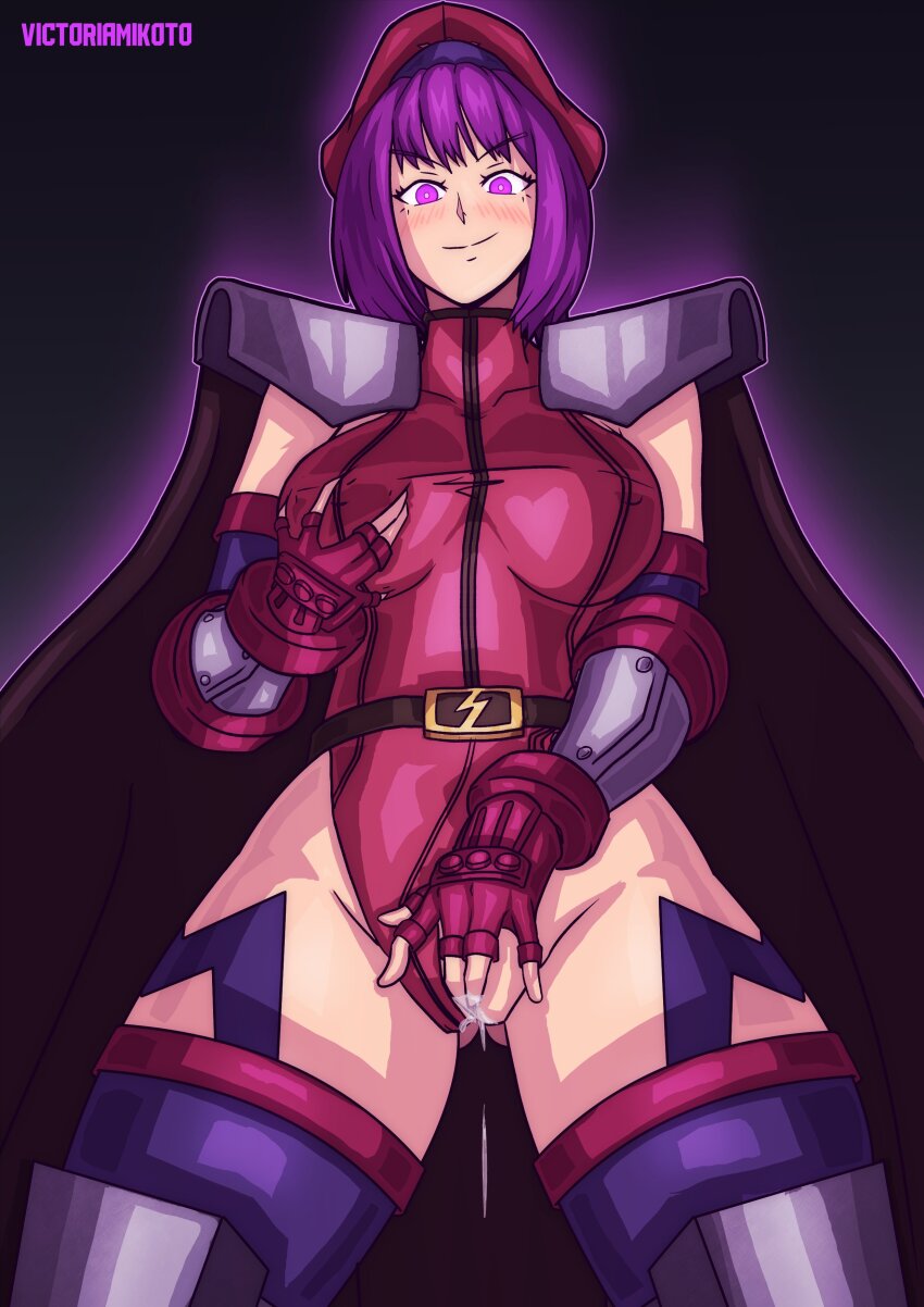1girl absurdres asamiya_athena between_legs bodysuit boots breasts cape clothing_aside fat_mons female_focus gloves gluteal_fold grabbing_own_breast hat highres huge_breasts large_breasts looking_at_viewer masturbation nipples pale_skin pov purple_eyes purple_hair pussy pussy_juice shiny_clothes short_hair smile smiley_face standing the_king_of_fighters thick_thighs thighs tight_clothes undressing victoriamikoto wet wide_hips