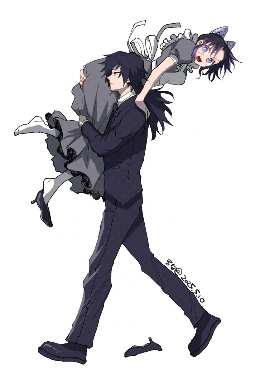 1boy 1girl alternate_costume apron artist_name black_eyes black_hair black_jacket black_pants black_shoes black_suit breasts butterfly_hair_ornament carrying carrying_over_shoulder carrying_person closed_mouth commentary_request dated dress enmaided expressionless flustered formal_clothes from_side full_body grey_dress hair_ornament hand_on_another&#039;s_ass hand_on_another&#039;s_shoulder highres jacket kimetsu_no_yaiba kochou_shinobu long_hair long_sleeves maid medium_breasts miku_namu multicolored_hair no_pupils open_mouth pants profile puffy_short_sleeves puffy_sleeves purple_eyes purple_hair shoe_dangle shoes short_hair short_sleeves simple_background socks streaked_hair suit suit_jacket sweat tomioka_giyuu unworn_shoes walking white_apron white_background white_socks