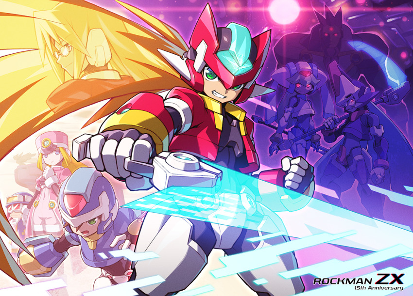 aile_(mega_man_zx) anniversary arm_cannon armor blonde_hair blue_helmet brown_hair coat cropped_jacket crotch_plate degarashi_(ponkotsu) energy_blade energy_sword fleuve_(mega_man) forehead_jewel girouette_(mega_man) glowing glowing_eyes green_eyes hat helmet holding holding_scythe holding_staff holding_sword holding_weapon jacket long_hair mega_man_(series) mega_man_zx pandora_(mega_man) pink_coat power_armor prairie_(mega_man) prometheus_(mega_man) red_eyes red_helmet red_jacket scythe serpent_(mega_man) shako_cap short_hair staff sword vent_(mega_man) weapon