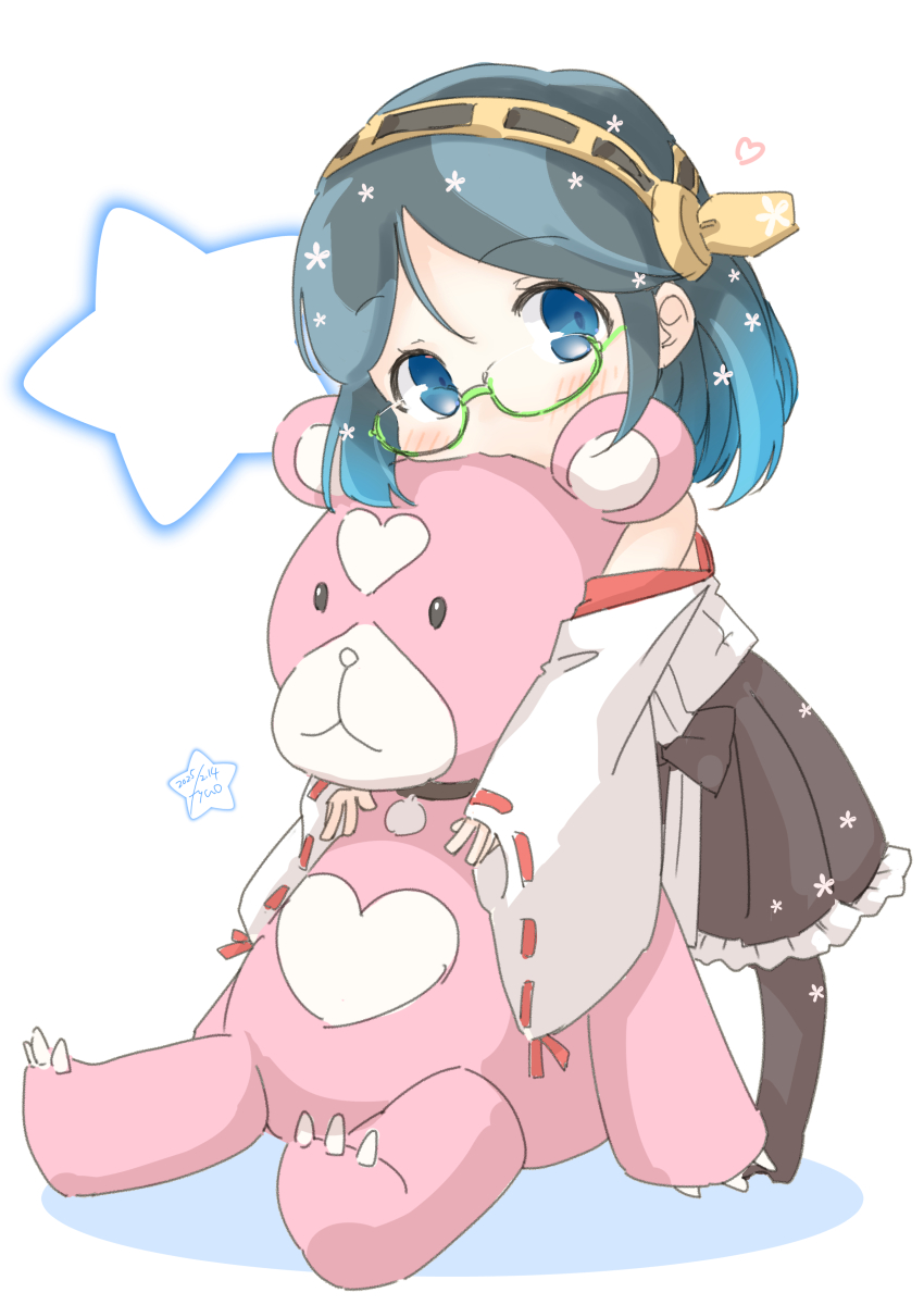 1girl absurdres aoki_hagane_no_arpeggio black_hair blue_eyes brown_skirt chibi crossover fyuo glasses green-framed_eyewear headgear highres hug japanese_clothes kantai_collection kirishima_(kancolle) name_connection nontraditional_miko one-hour_drawing_challenge pleated_skirt ribbon-trimmed_sleeves ribbon_trim short_hair skirt solo stuffed_animal stuffed_toy teddy_bear yotarou_(aoki_hagane_no_arpeggio)